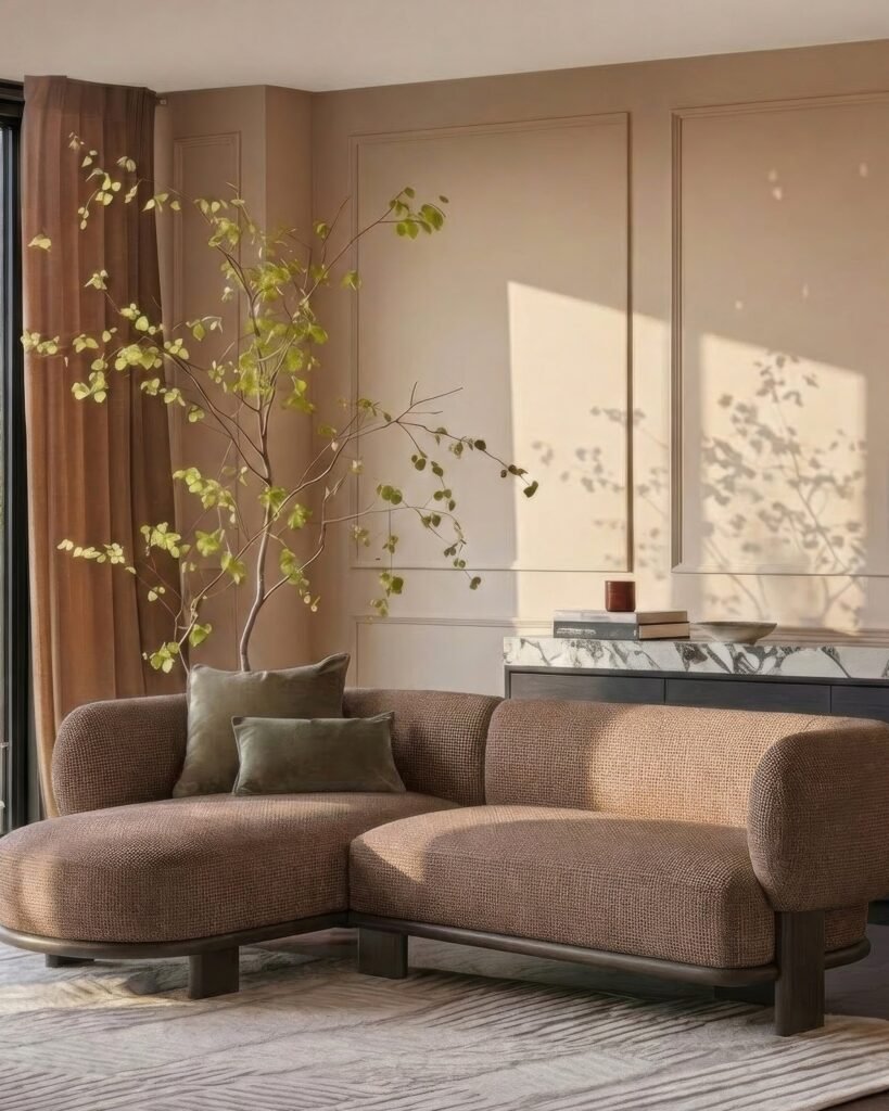 Florence mocha fabric with dark Dusk wood left hand facing chaise sofa Front