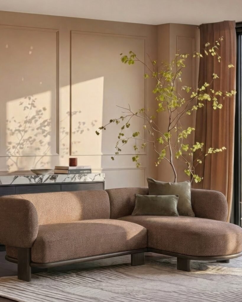 Florence mocha fabric with dark Dusk England wood right hand facing chaise sofa Front