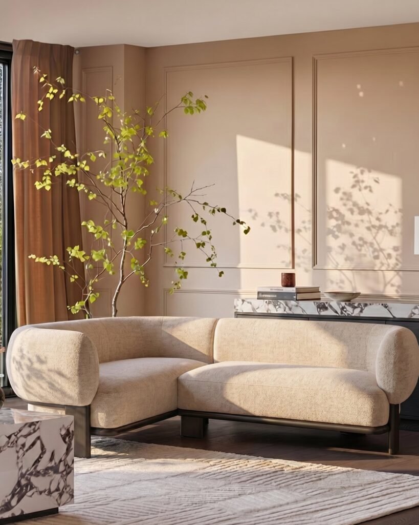 Florence natural fabric with dark wood Dusk left hand facing small corner sofa Front