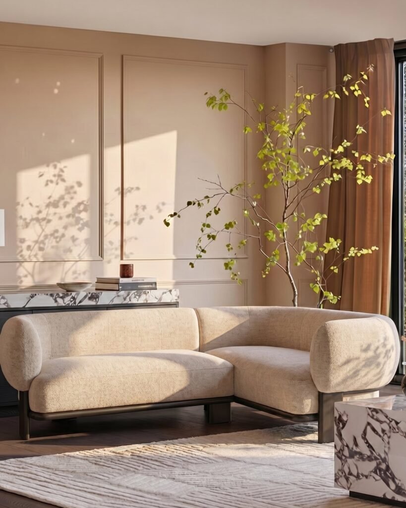 Dusk Scotland Florence natural fabric with dark wood right hand facing small corner sofa Front