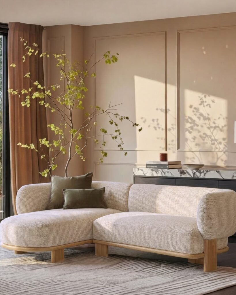Florence natural fabric with light wood left hand facing chaise sofa – Dusk England Front