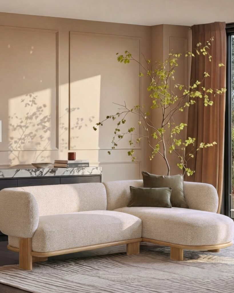 Florence natural fabric with light wood right hand facing chaise sofa – Dusk Front