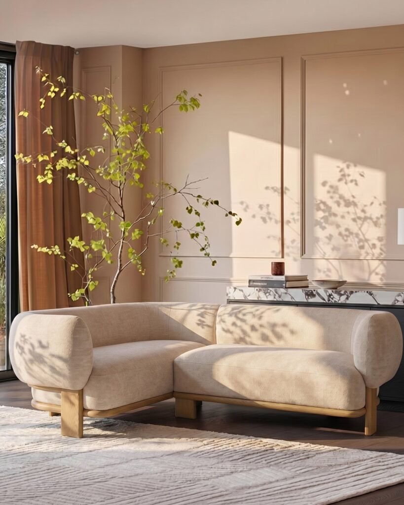 Florence natural fabric with light wood left hand facing small corner sofa – Dusk England Front