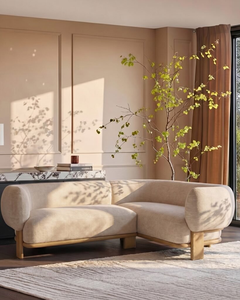 Dusk Scotland Florence natural fabric with light wood right hand facing small corner sofa Front