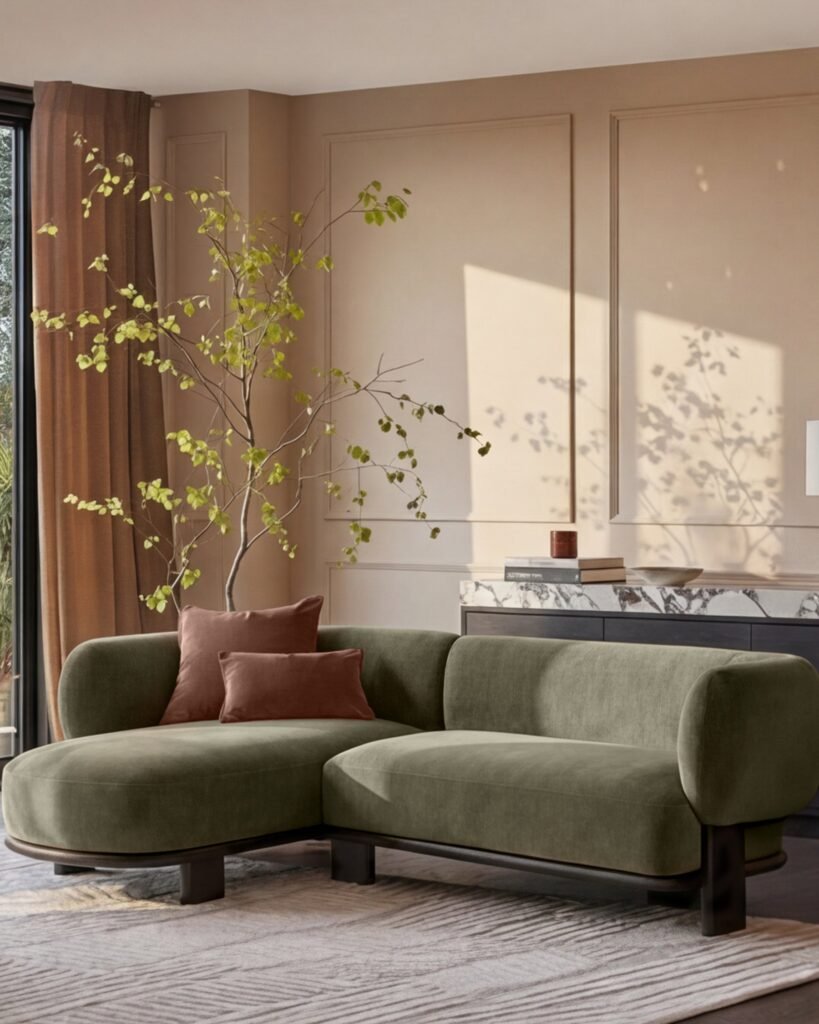 Dusk England Florence olive green fabric with dark wood left hand facing chaise sofa Front