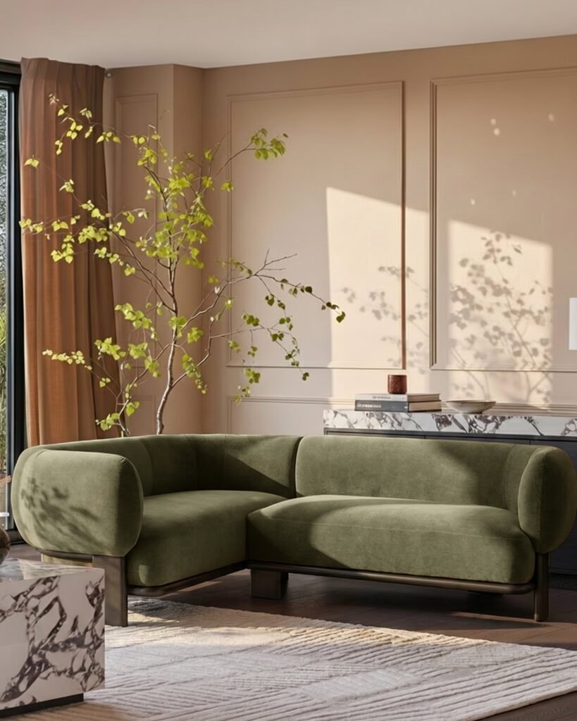 Florence olive green fabric with dark Dusk wood left hand facing small corner sofa Front