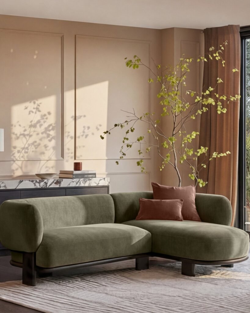Dusk Scotland Florence olive green fabric with dark wood right hand facing chaise sofa Front
