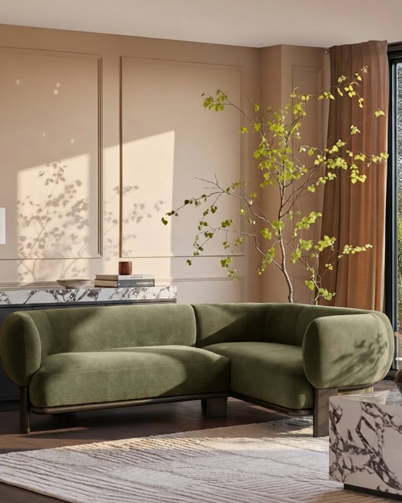 Dusk England Florence olive green fabric with dark wood right hand facing small corner sofa Front