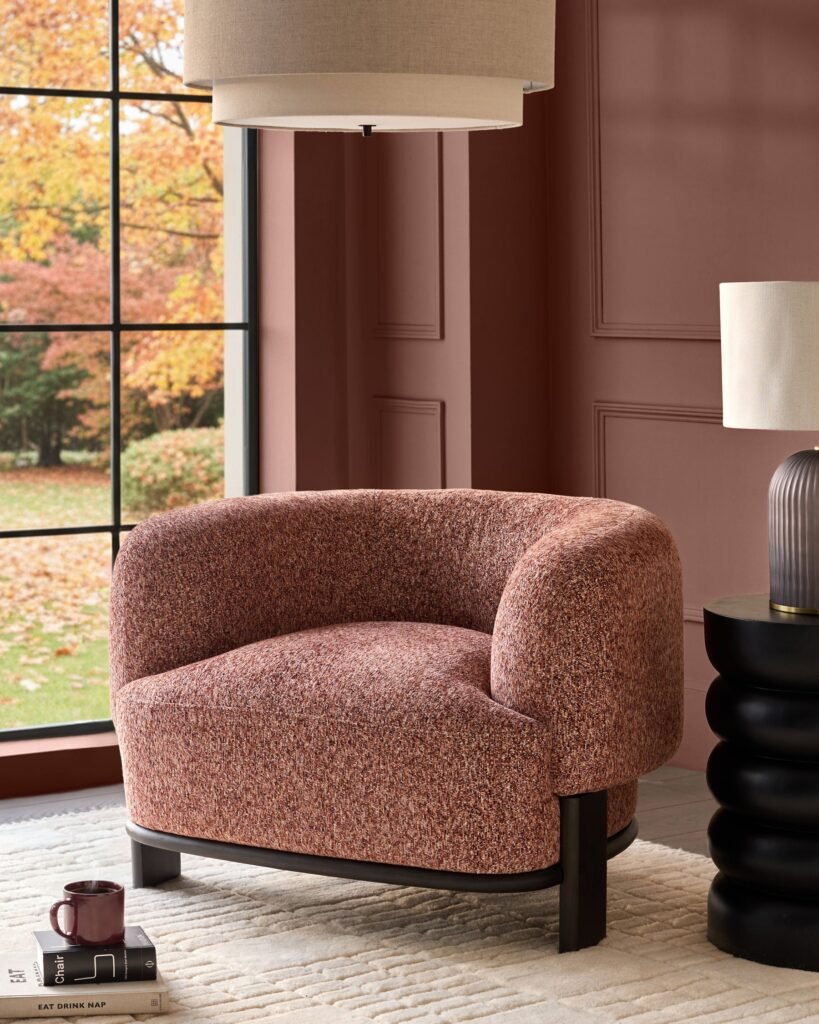 Florence toffee red chenille dark wood armchair – Dusk Scotland Front