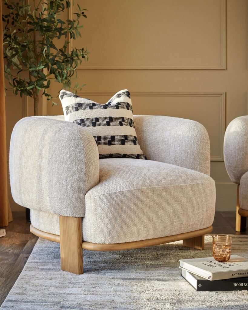 Florence natural fabric with light wood armchair – Dusk England Front