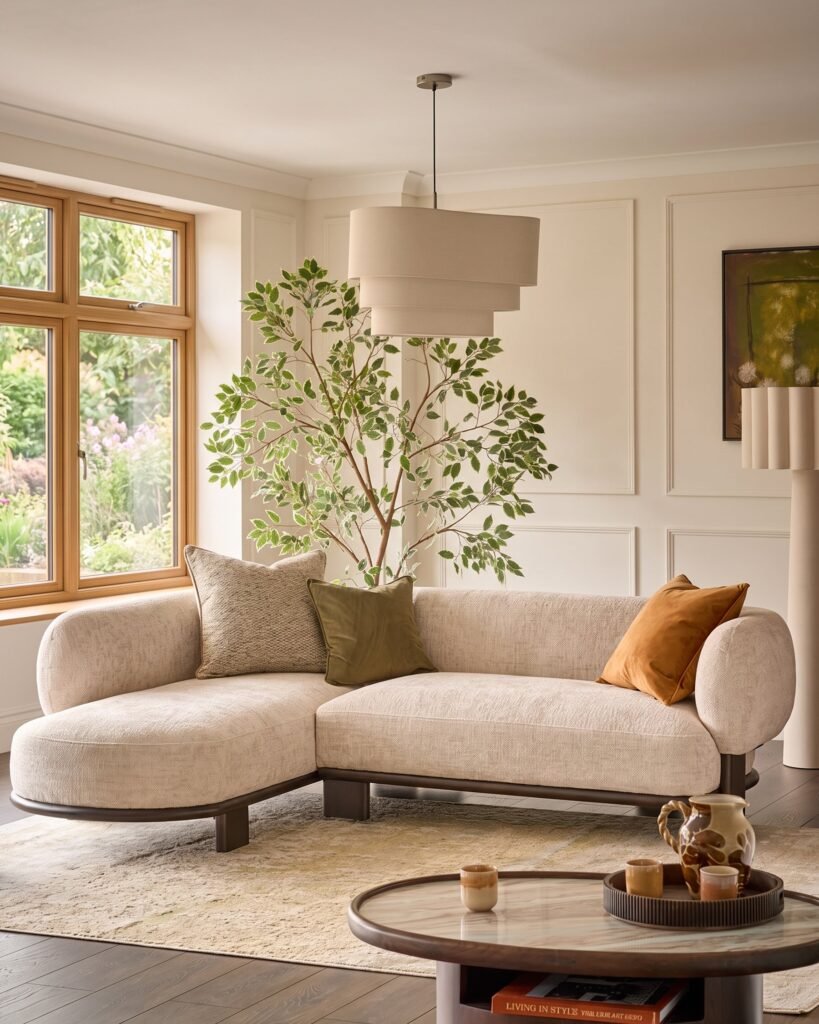 Dusk Scotland Florence natural fabric with dark wood left hand facing chaise sofa Front
