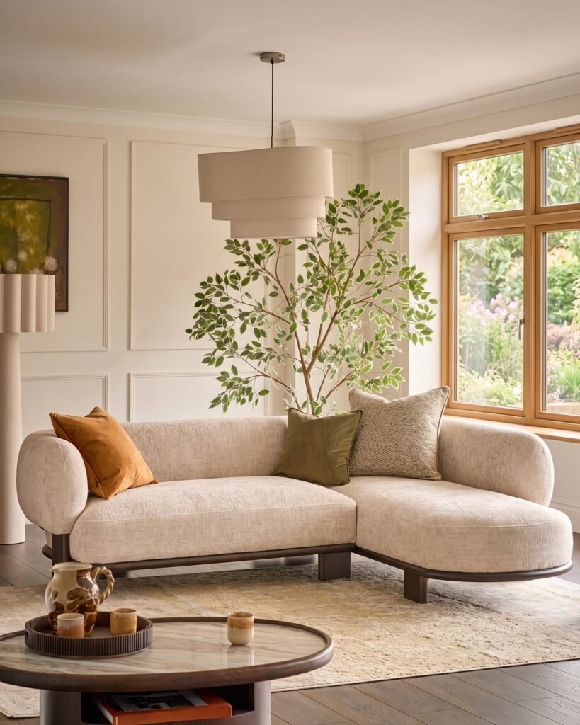 Florence natural fabric with dark Dusk wood right hand facing chaise sofa Front