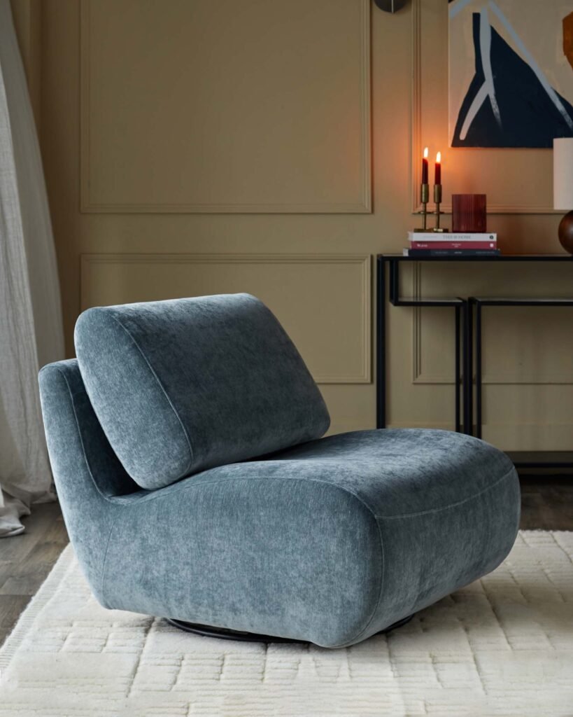 Frances blue grey Dusk England fabric swivel accent chair Front