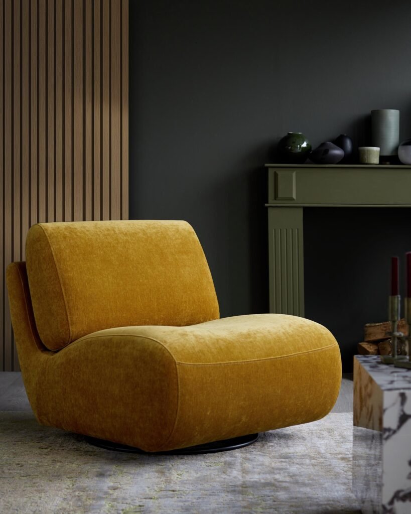Frances ochre fabric swivel accent chair – Dusk England Front