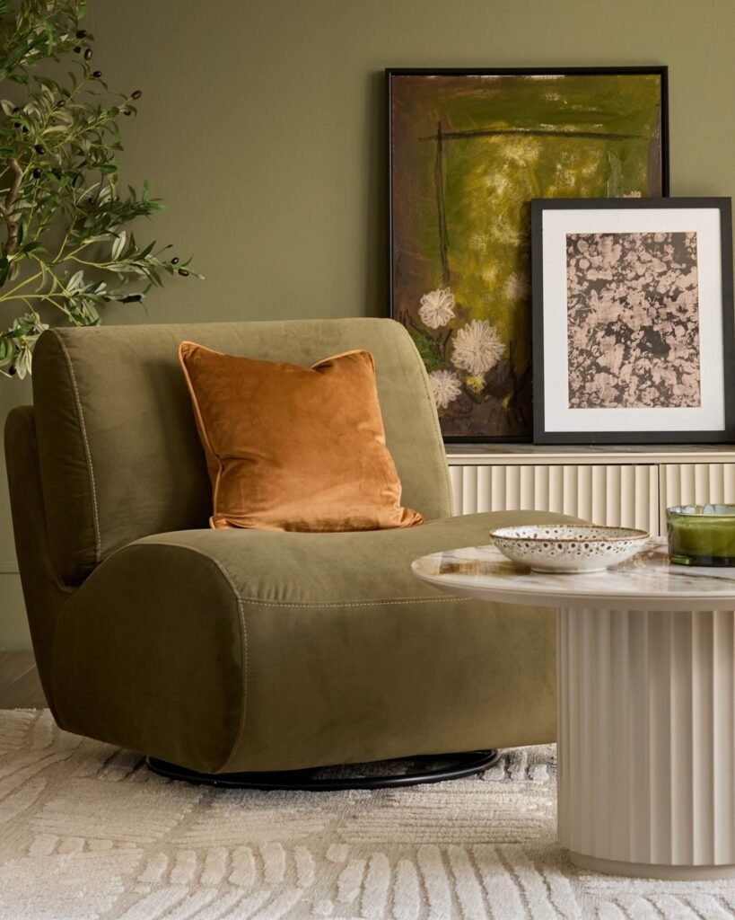 Dusk Frances olive green velvet swivel accent chair Front