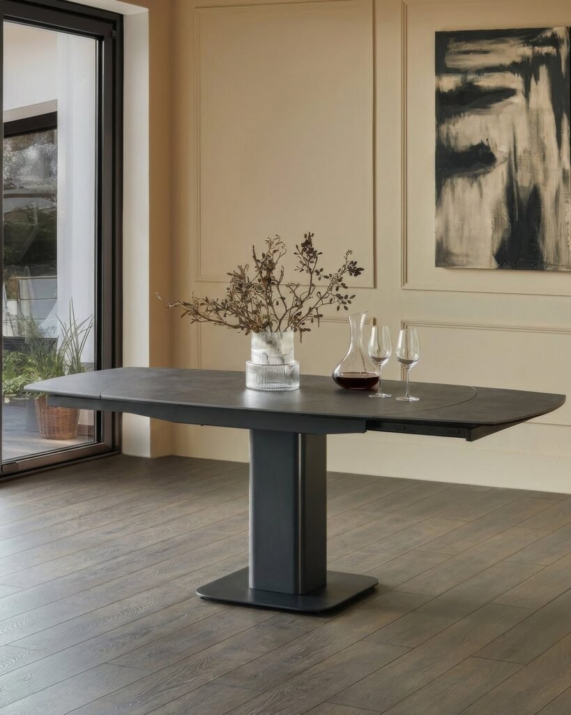Fraser dark grey ceramic Dusk England 4-6 extending dining table Front