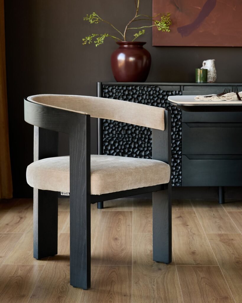Garcia champagne chenille black wood dining chair – Dusk Scotland Front