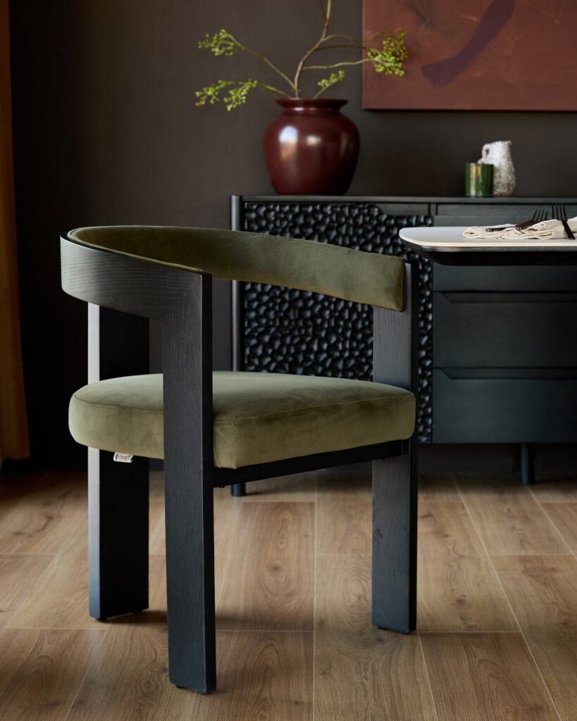 Garcia olive green velvet black wood dining chair – Dusk England Front