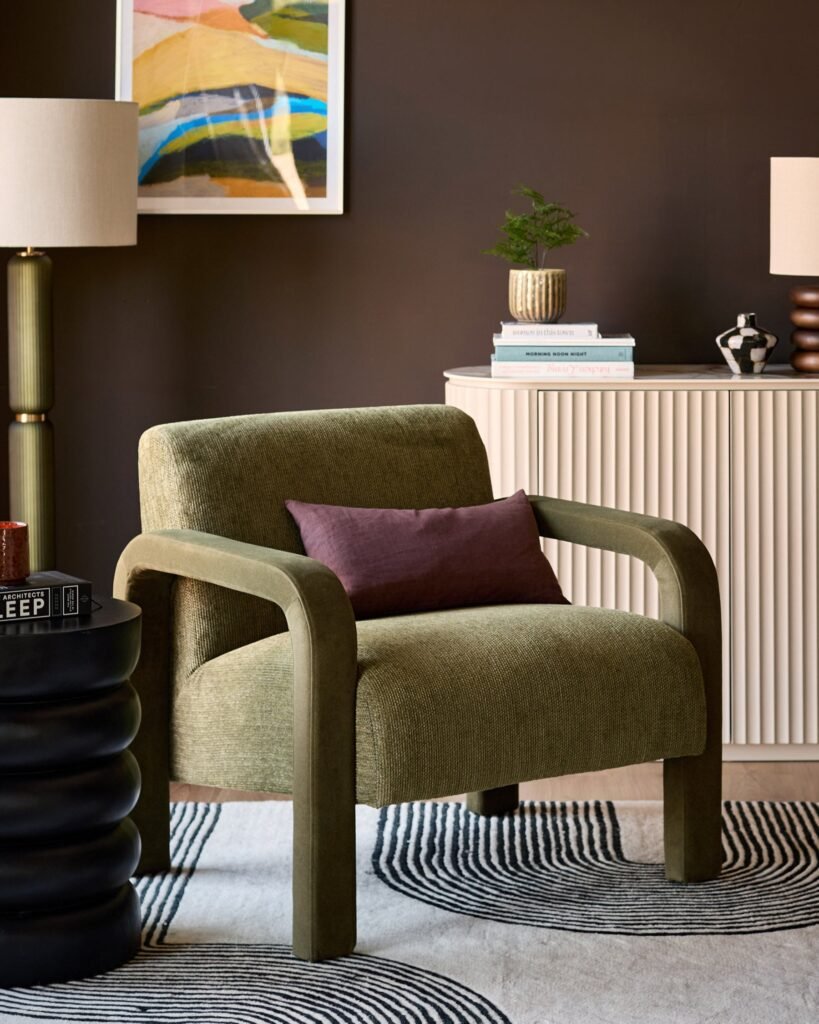 Dusk Scotland Garda olive green chenille fabric occasional chair Front