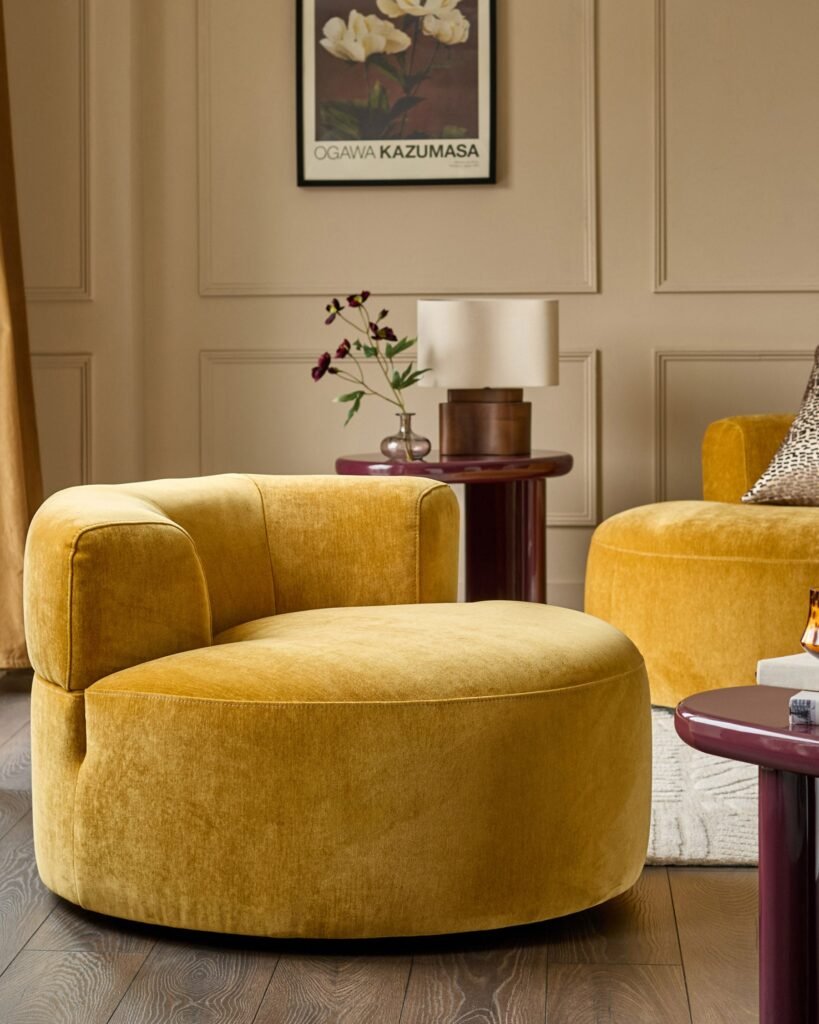 Gianna ochre Dusk Scotland fabric swivel armchair Front