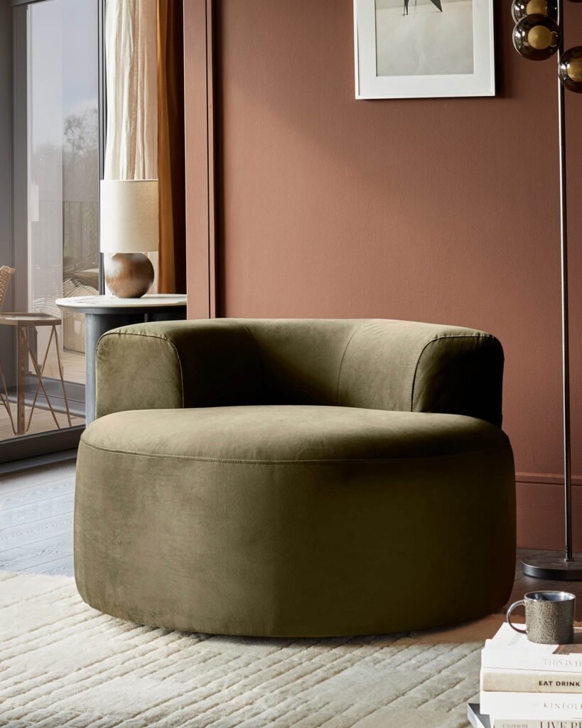 Dusk Scotland Gianna olive green velvet swivel armchair Front