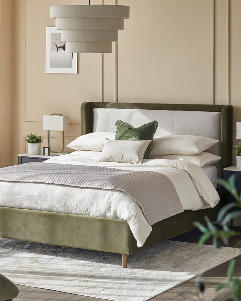 Grove natural fabric and olive green velvet super king ottoman storage bed – Dusk England Front