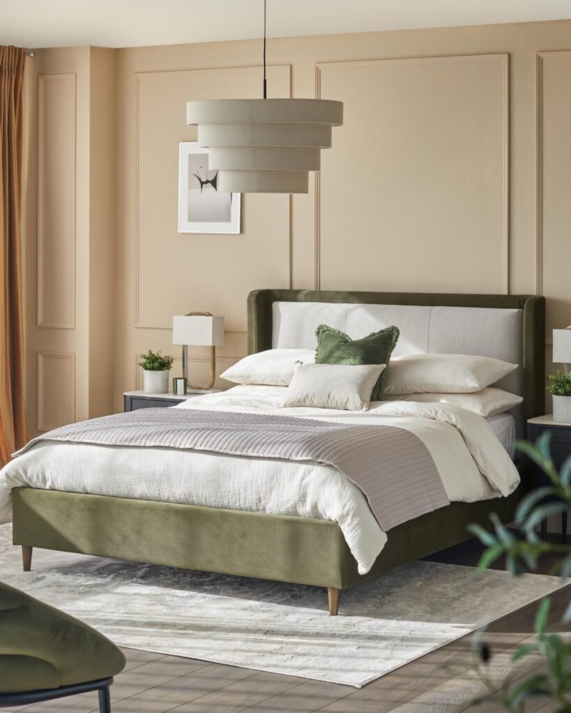 Dusk Grove natural fabric and olive green velvet double ottoman storage bed Front