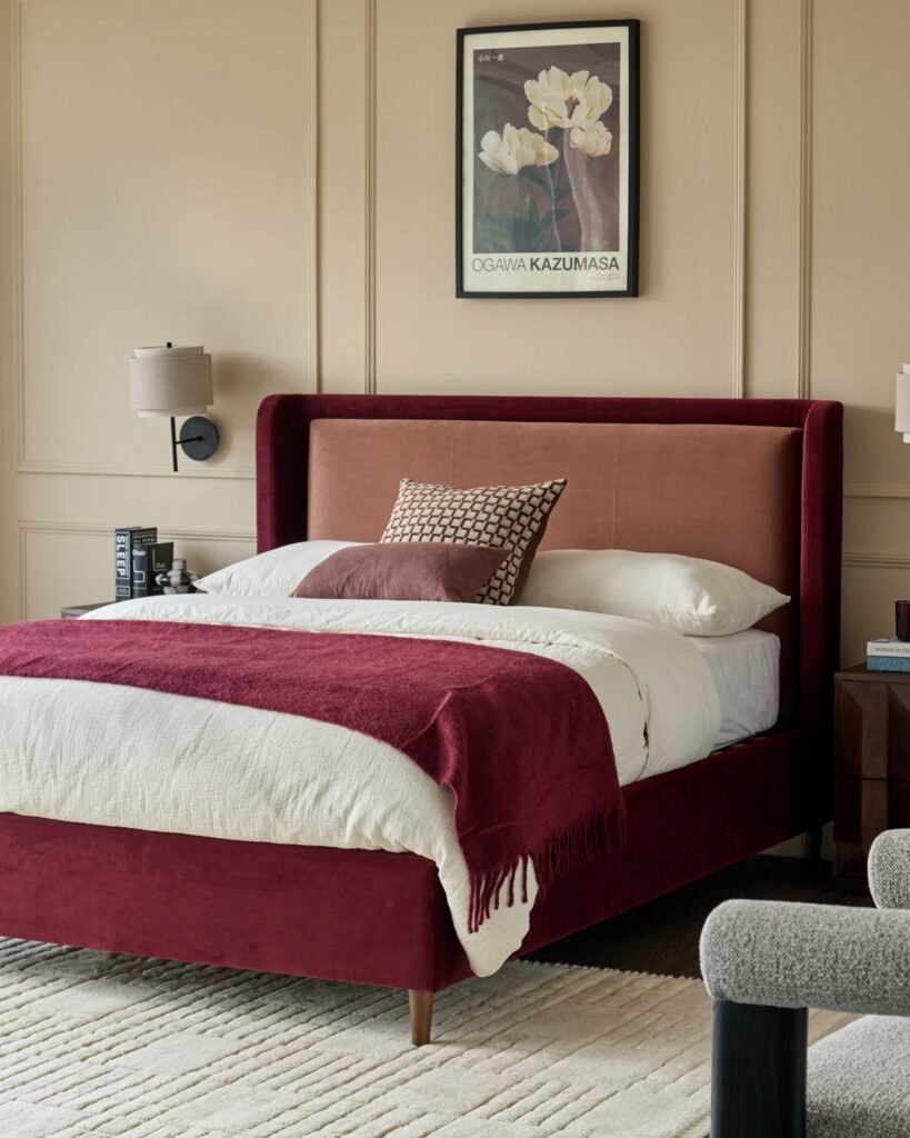 Grove rose velvet and plum velvet king size ottoman storage bed – Dusk England Front