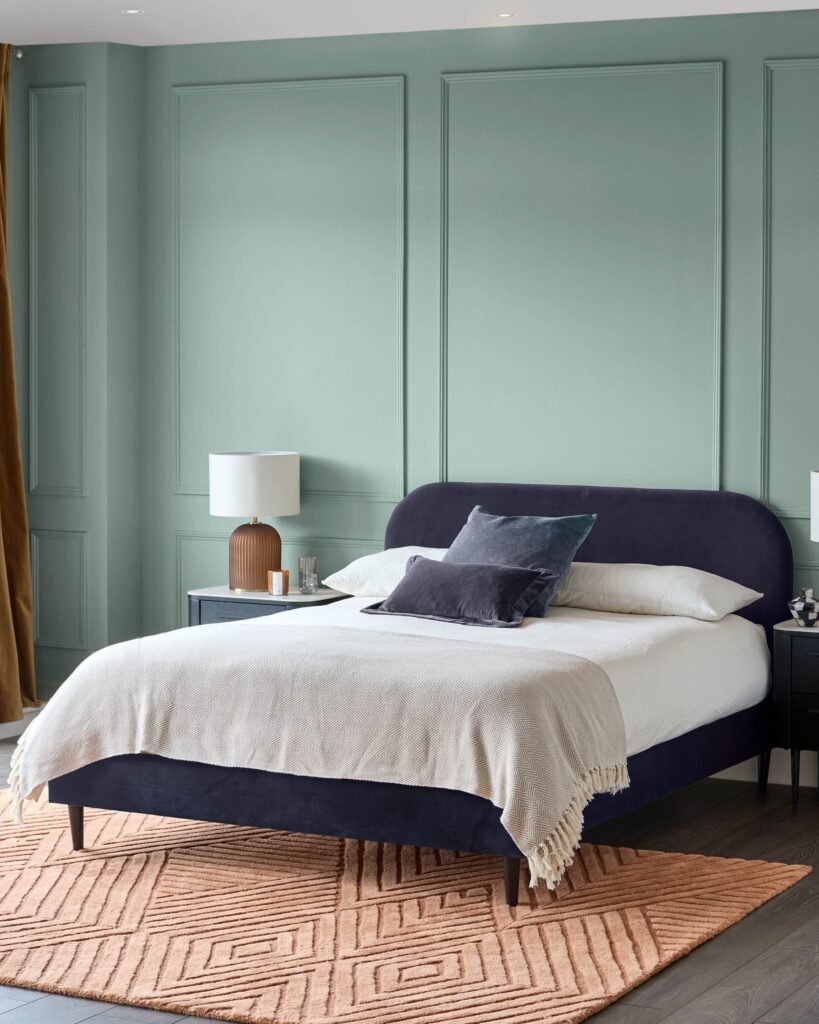 Hampton dark navy velvet double bed – Dusk Scotland Front