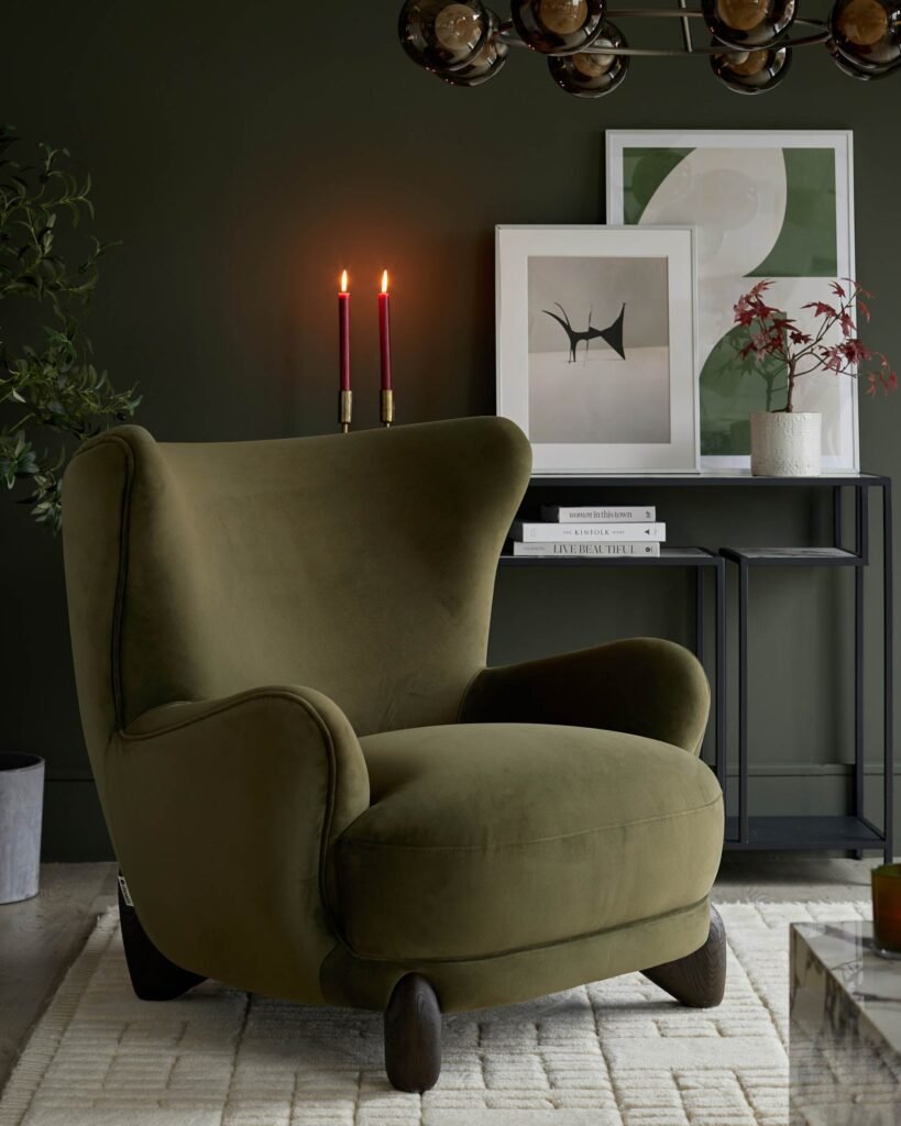 Harlan olive green Dusk England velvet accent chair Front