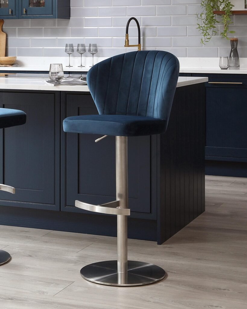 Dusk Scotland Harper Dark Blue Velvet Gas Lift Bar Stool Front