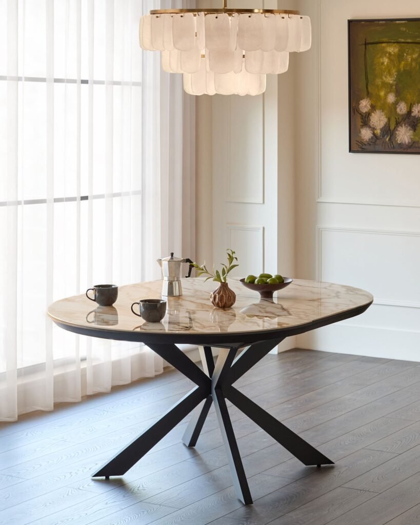 Hayden natural ceramic 4-6 extending round dining table – Dusk Front