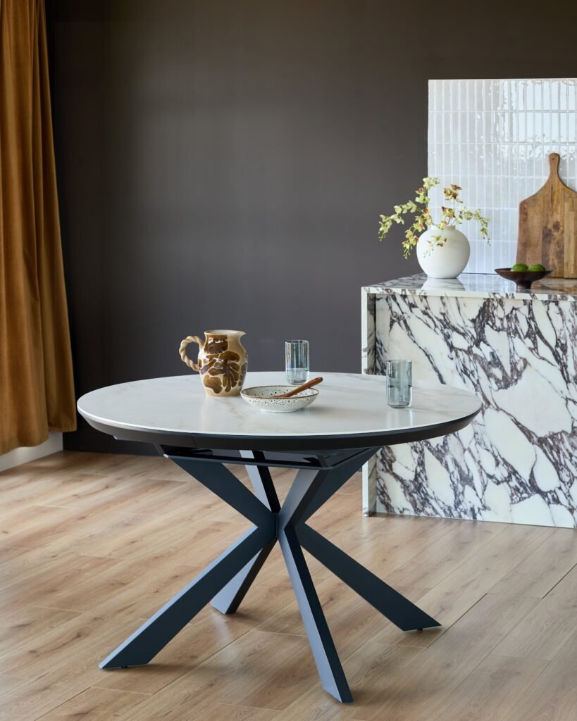 Hayden white round ceramic extending Dusk Scotland 4 to 6 dining table Front