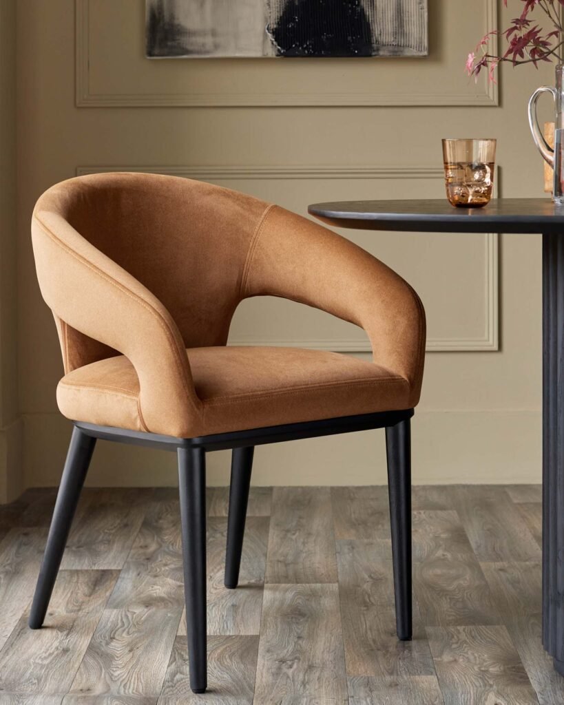 Heath caramel plush fabric dining chair – Dusk Scotland Front