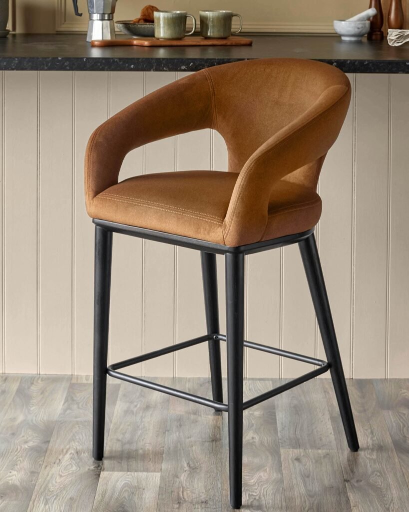 Heath caramel plush fabric bar stool – Dusk Scotland Front
