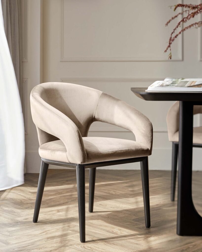 Heath Champagne Velvet Black Wood Dining Chair – Dusk Scotland Front
