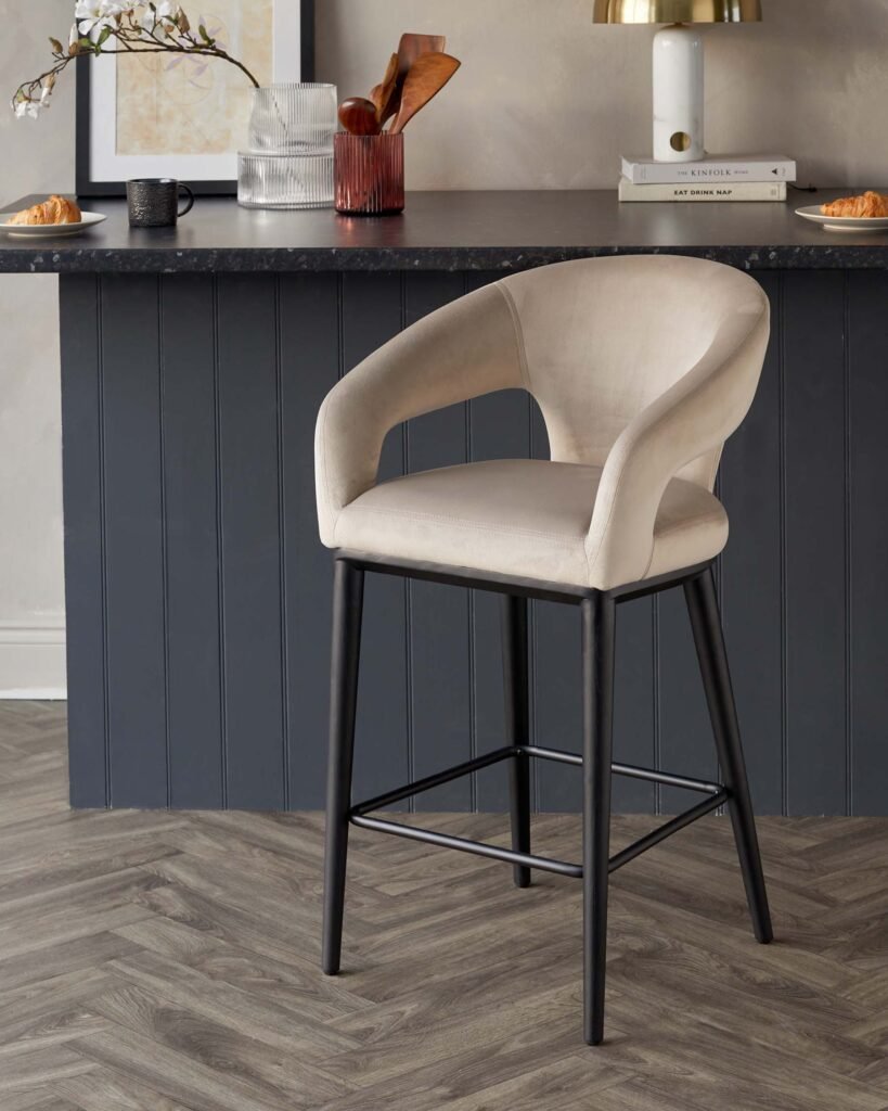 Heath Champagne Plush Velvet Black Wood Bar Stool – Dusk Scotland Front