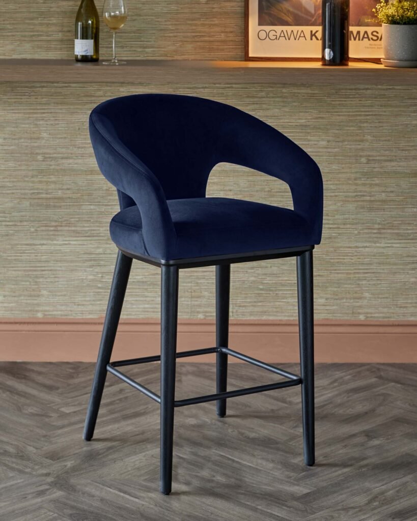 Heath navy recycled Dusk velvet bar stool Front