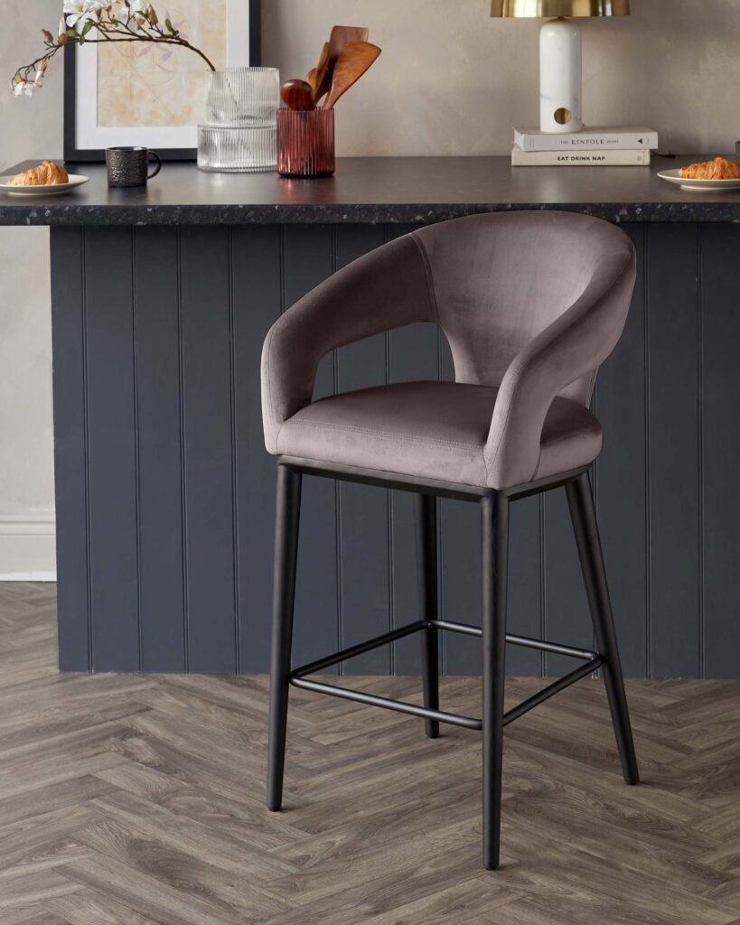 Heath Mocha Plush Velvet Dusk England Black Wood Bar Stool Front