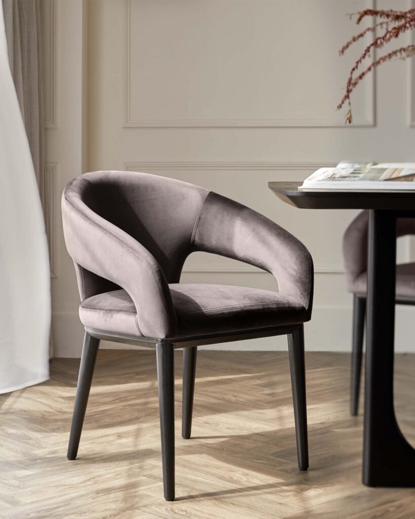 Heath Mocha Plush Velvet Dusk and Black Wood Dining Chair Front