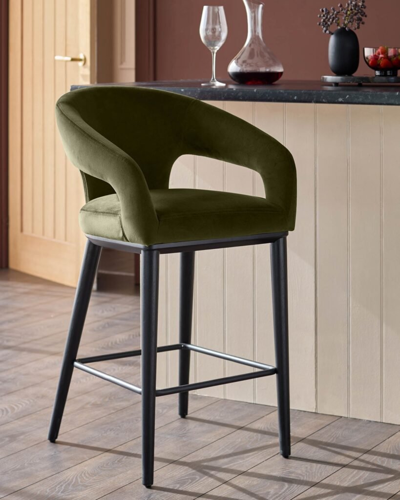 Heath olive green velvet bar stool – Dusk Front