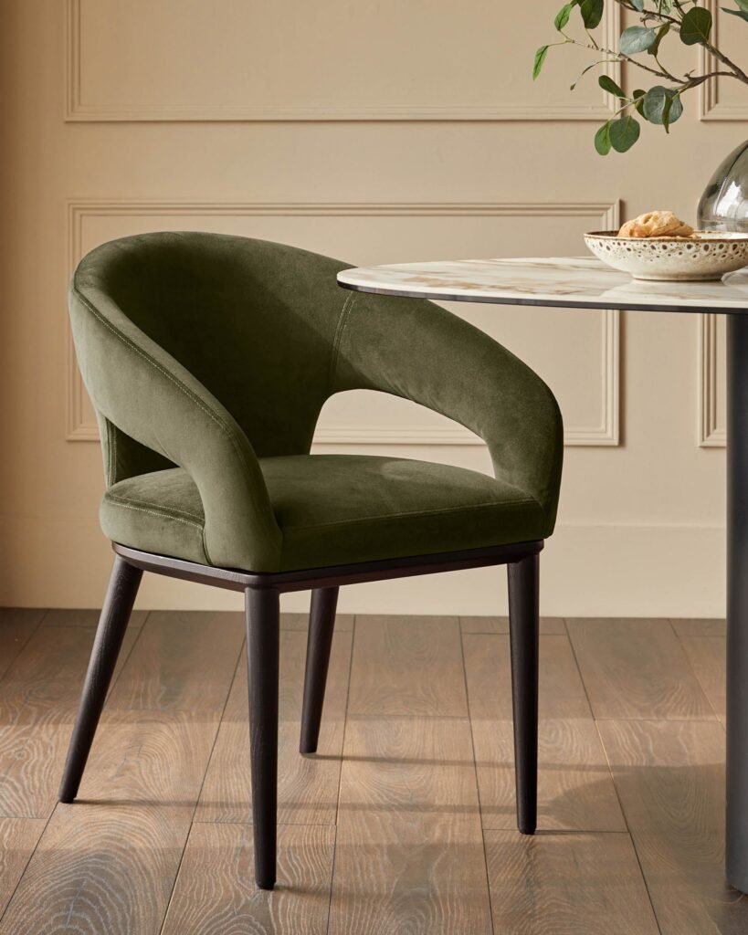 Heath olive green velvet dining chair – Dusk England Front