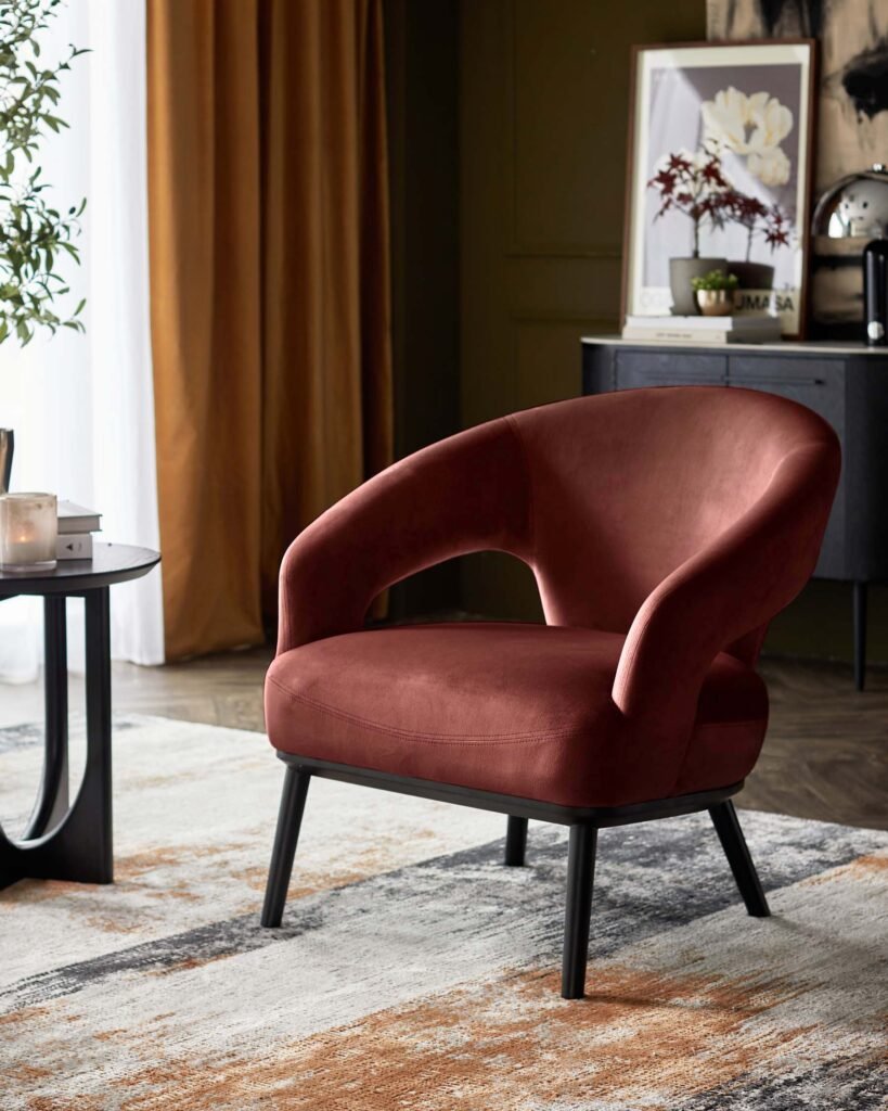 Heath toffee red velvet accent chair – Dusk Scotland Front