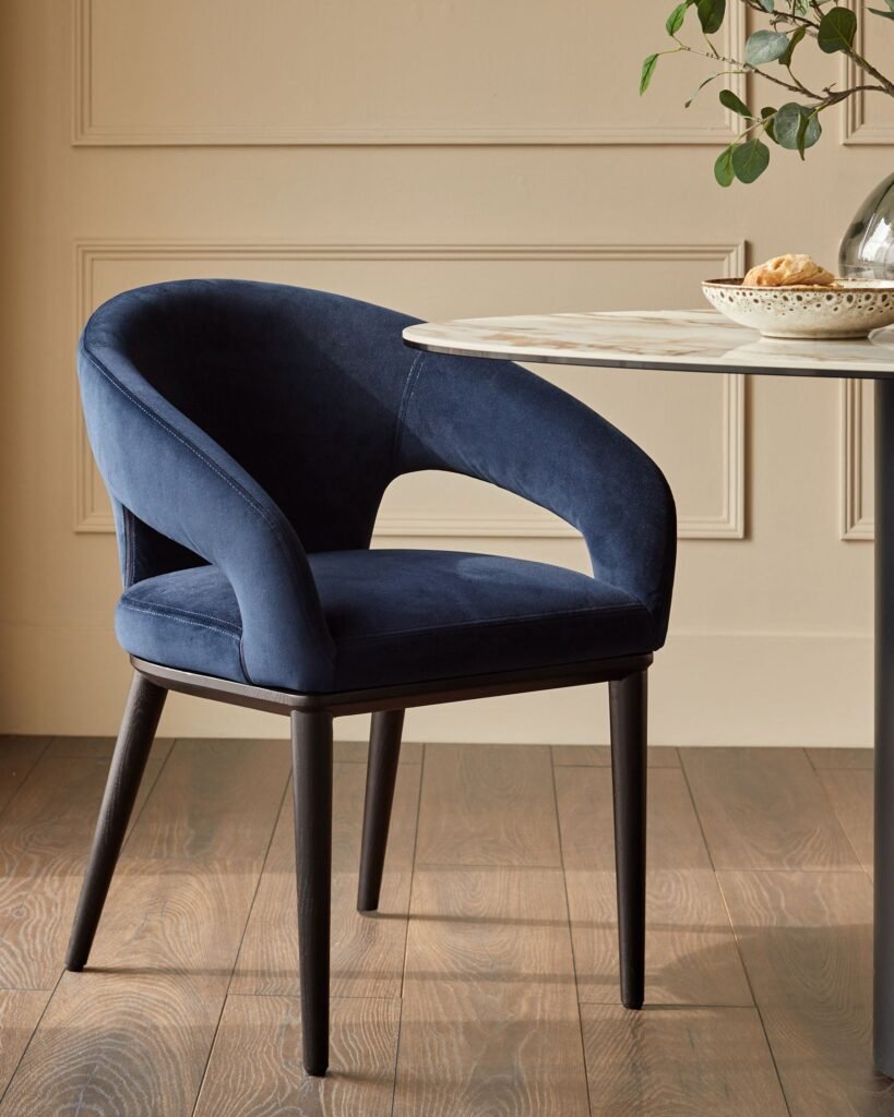 Heath navy recycled velvet dining chair – Dusk Front
