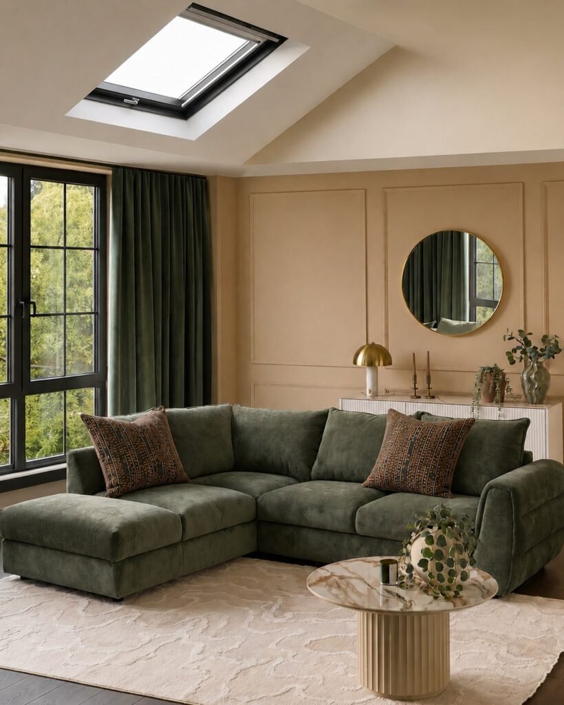 Dusk Heidi dark green chenille left hand corner chaise sofa Front