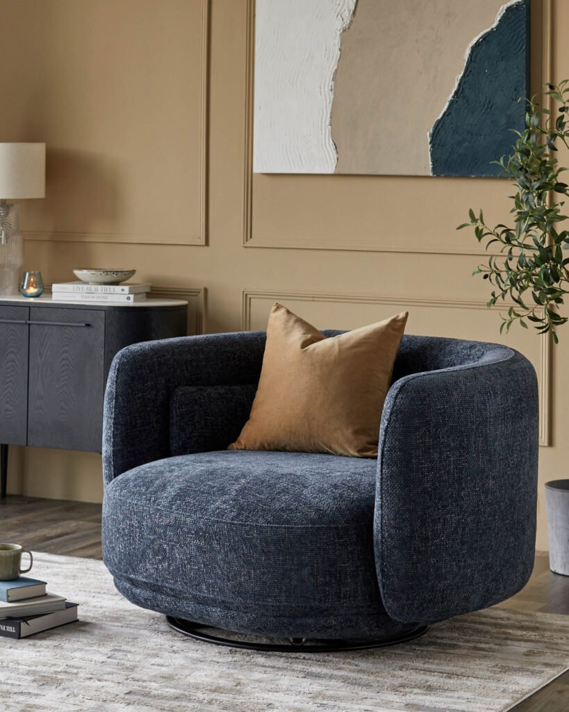 Henry Dark Blue Chunky Weave Swivel Love Seat – Dusk Front