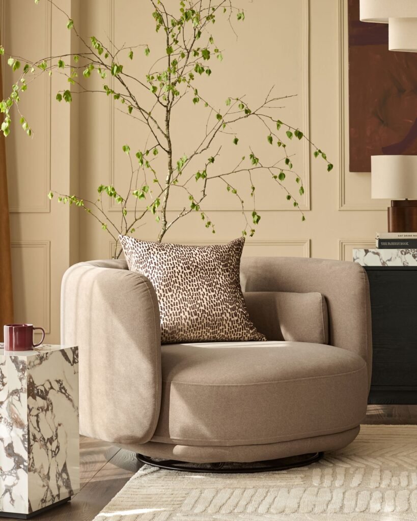 Henry mocha plush fabric swivel love seat – Dusk Scotland Front
