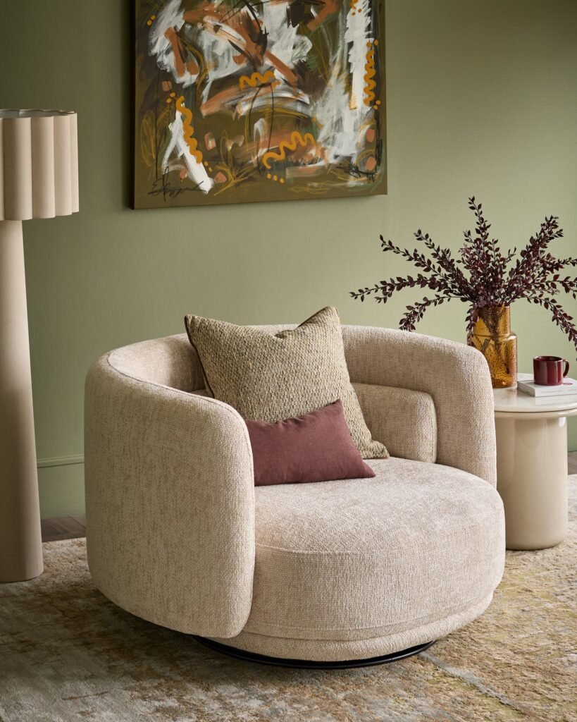 Henry natural fabric swivel loveseat – Dusk England Front