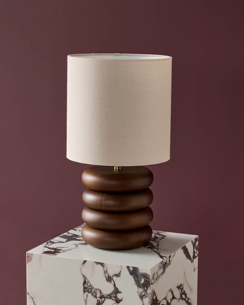 Hepworth natural linen and dark wood table lamp – Dusk Front