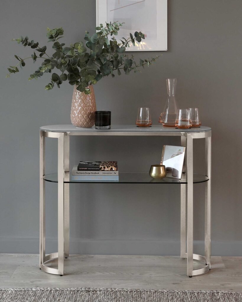 Dusk England Isla White Glass and Stainless Steel Console Table Front